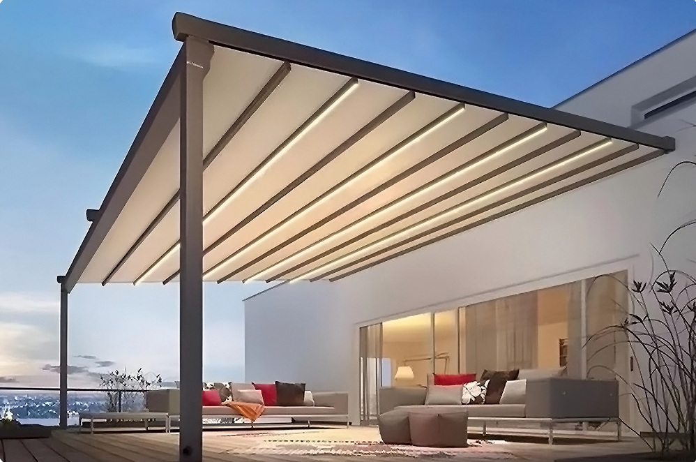 Mái xếp khung nhôm che sân vườn linh hoạt, tự động. Như một nhà chòi độc lập có thể kết hợp với rèm như zipper, sáo nhôm...